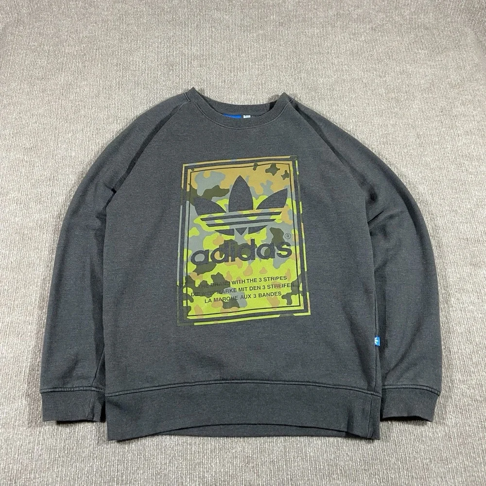 Vintage Adidas Originals Sweatshirt Mens Medium Grey Camo Trefoil Logo Crewneck
